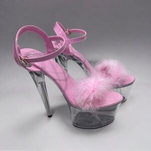 Pink Feathered Platform Heels with clear platform Stiletto Pole Strip Sz 43 6.6”